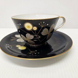 Vintage Jaeger Porzellan Bavarian Black Teacup and Saucer Set Botanical Design